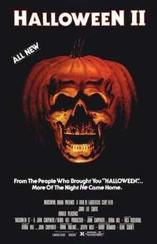 The top of the poster reads "HALLOWEEN II", and just under those words is the phrase "ALL NEW". To the bottom right of those words, taking up the centre of the poster, is an orange pumpkin seemingly morphed into the shape of a human skull. A tagline below this reads "From The People Who Brought You 'HALLOWEEN'...More Of The Night He Came Home." At the bottom of the poster is a billing of the film's cast and crew.