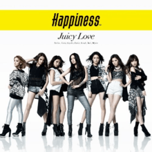 A group image of seven Japanese woman (members of Happiness), with the song and artist title above; the word "Happiness" is centred across a yellow strip.