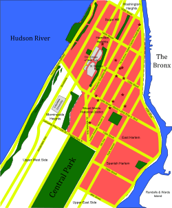 A map of Upper Manhattan with pink sections for Harlem