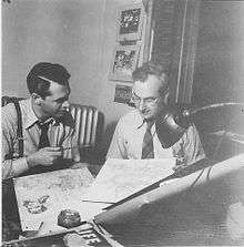 Harris Levey (aka Lee Harris), on left with pencil. Circa 1946