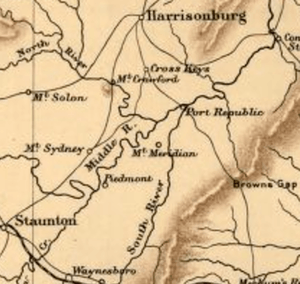 map of Harrisonburg, Virginia, and area south during 1860s