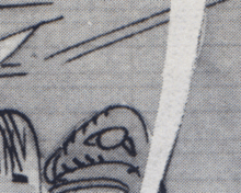 Detail of black-and-white comics artwork showing where blue lines from the original artwork unintentionally showed through when reproduced.
