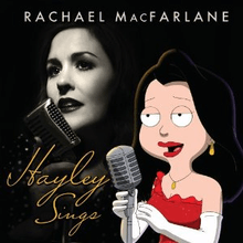 A drawing of Hayley in a cocktail dress in front of a microphone superimposed over a black-and-white photo of Rachael