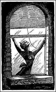 A black-and-white drawing of woman opening a window