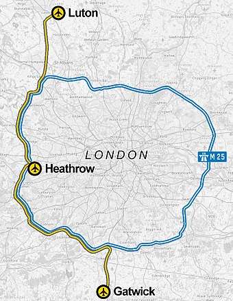 map showing approximate route of a proposed Luton-Heathrow-Gatwick railway