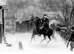 Black and white engraving shows George Washington on horseback leading his troops in battle.