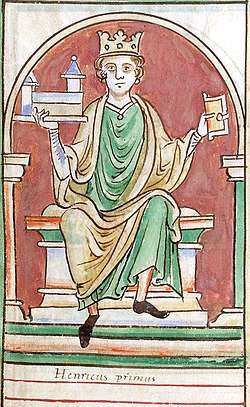 King Henry I of England holding a miniature chapel in one hand and the Domesday Book in another
