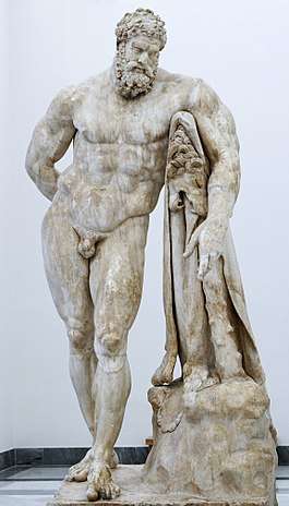 One of the most famous depictions of Heracles, originally by Lysippos (marble, Roman copy called Hercules Farnese, 216 CE)