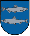 A coat of arms depicting a silver fish swimming to the right on the top and another fish swimming to the left on the bottom all on a blue background
