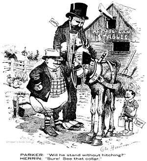 A black-and-white cartoon drawing.  A short, fat man labeled "Parker" and a tall, thin man labeled "Herrin" are in a farmyard, whose barn is labeled "Republican Stables".  The two are looking at a horse with a human face and an enormous collar.  The horse is labeled "Gillett".  The caption reads, "Parker: 'Will he stand without hitching?'; Herrin: 'Sure! See that collar?'"