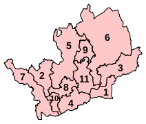 The same map of a county. It is divided into eleven constituencies, some of which have slightly different boundaries.