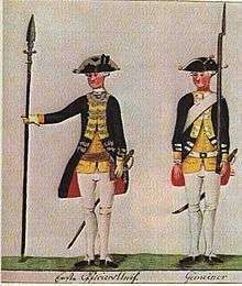 Print shows two soldiers in dark blue coats, yellow lapels and waistcoats, white breeches and gaiters, and tricorne hats. The officer of the left holds a half-pike while the private on the right holds a musket.