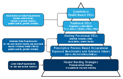 A triangle with five layers each representing a type of occupational exposure limit (OEL), in order of descending data requirements.  From top: quantitative health-based OELs, traditional regulatory/authoratative OELs, working provisional OELs, prescriptive process-based occupational exposure benchmarks and guidance values (OEVs), and hazard banding strategies