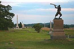 Monument of a soldier holding a clubbed rifle at Gettysburg