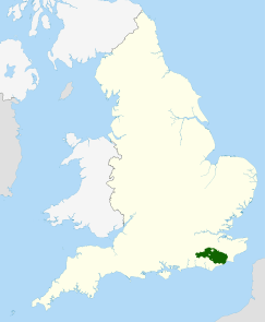 Map of England and Wales with a green area representing the location of the High Weald AONB