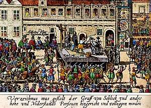 A man is being beheaded on a platform, which is defended by musketeers and surrounded by hundreds of people on a large square