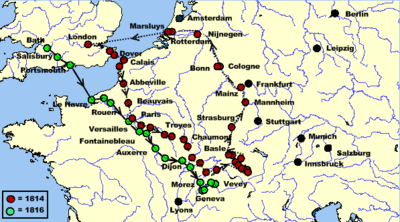 Map charting the Shelleys' 1814 and 1816 tours throughout Europe.