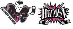Two cartoon logos: The first is the upper body of a man wearing a mask with a menacing look clutching a hockey stick. The second is the word "Hitmen", written in stylized fashion in front of two crossed hockey sticks.