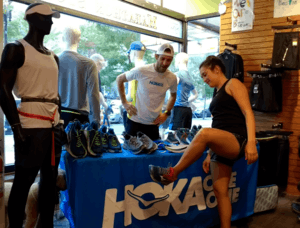 A Hoka One One booth at a running store in Boston, Massachusetts where runners can test run in the latest shoes.