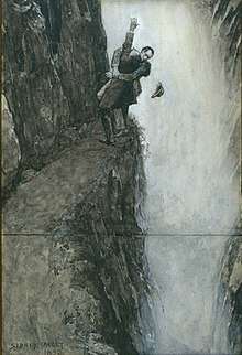 Holmes and Moriarty wrestling at the end of a narrow path, with Holmes's hat falling into a waterfall