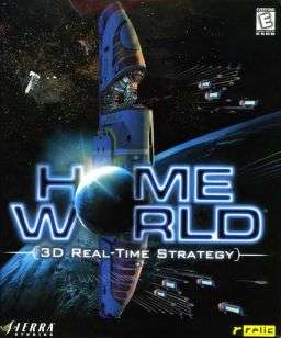 Box artwork featuring the mothership with other ships and a planet behind it, and "Home World: 3D Real-Time Strategy" overlaid