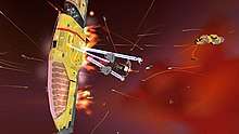 A group of enemy ships attack the burning mothership with beam and missile weapons