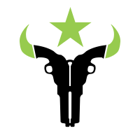 The logo for the Houston Outlaws features two revolvers forming the shape of a longhorn skull in the colors of the team.