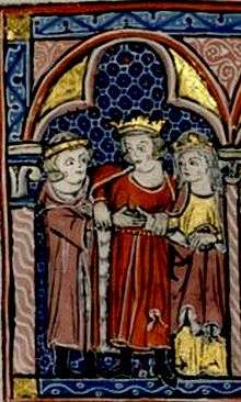 A crowned man puts together the hands of a crowned man and a crowned woman