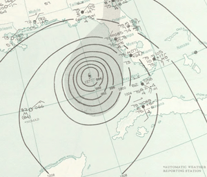 Contoured map of a tropical cyclone in a body of water. Contours denote isobars, and the location of the storm is marked with a tropical cyclone symbol.