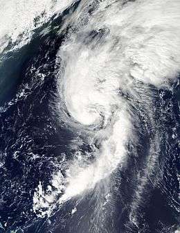 A satellite image depicting a Category 1 hurricane moving towards Newfoundland