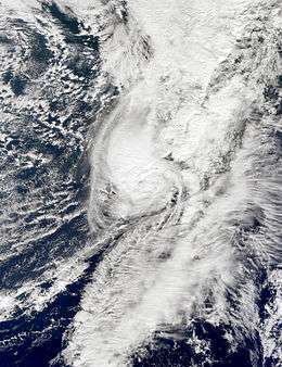 A satellite image depicting a hurricane prior to becoming absorbed by a frontal boundary on October&nbsp;31.