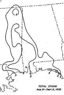 Map of rainfall amounts, shown in contours.