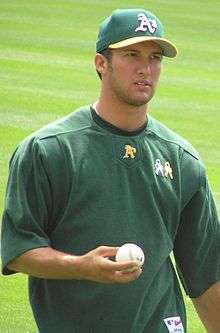 A young man wearing a green shirt and baseball cap holds a baseball in his right hand.