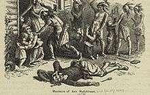 Sketch of a crouched woman who is sheltering a small child, with four other children nearby. The children are being attacked by seven native Americans wielding tomahawks and knives, near the doorway of a dwelling house. There is a dead or dying young man lying on the ground in the foreground.