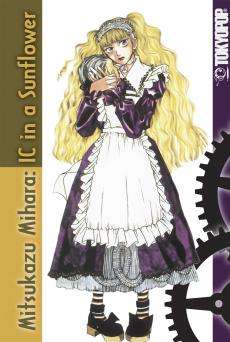 A book cover. It depicts a blonde maid holding a severed head; a vertical side-strip states "Mitsukazu Mihara: IC in a Sunflower".