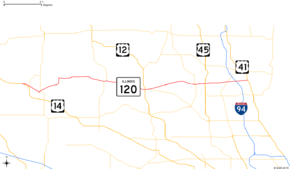 The northeastern part of Illinois showing major roads. IL&nbsp;120 runs from US&nbsp;14 east to IL&nbsp;131.