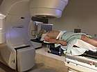 Photograph of patient receiving radiation for oropharyngeal cancer