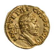 The obverse of a golden coin showing the face of Tetricus.