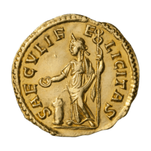 A golden coin bearing the inscription of a standing Felicitas, facing left