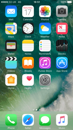 The default iOS 10 home screen on an iPhone 7