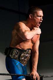 A man in blue shorts and a championship belt is shouting.