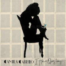 Cover of a single that shows a drawn woman sat on a chair who seems to be crying kneeling over a vintage background. Under her image, the word "Camila Cabello" is written in fragmented capital letters, while "I Have Questions" is written in a fancy font.