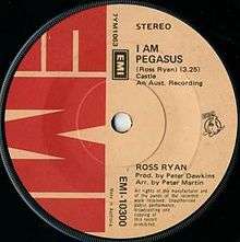 The main image is a photo of the single's label. Most of the text is on the right, written in black print over peach background. At left is the record company's logo in large red print.