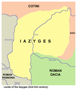 A quad-colored map, showing the Iazyges in yellow, Roman pannonia in grey, Roman Dacia in green, and the land of the Cotini in peach.