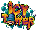 The words "Icy Tower" are spelled in bright, bold, three-dimensional letters. The letter "O" is replaced by a grinning face of a boy in a blue tuque cap covering his eyes. Vertical parts of the letters "I" in "Icy" and "R" in "Tower" are shaped like arrows pointing up and down, respectively. There is also a trademark sign.