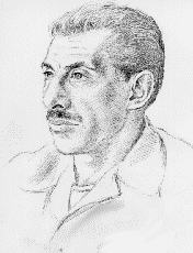 A head-and-shoulders black and white drawing of an elderly man