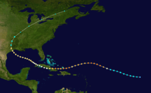 Map showing the path of a tropical cyclone, which generally moves from right to left. The track crosses over several landmasses to the left of the image, before curving towards the upper half of the map.