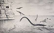 Old drawing of elasmosaur inaccurately raising its neck from ocean with pterosaurs, mosasaurs, swimming bids, and other elasmosaurs and a cliff in foreground and background