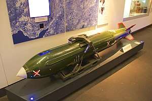 Image shows a museum exhibit of a WE.177, which was Britain's last free-fall nuclear bomb.  The example shown is a decommissioned training example, re-painted in its 'live' green colour scheme.  It is on display at the Imperial War Museum North, in Manchester, England.