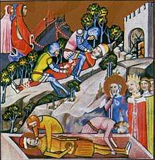 An elderly man and women, both wearing a crown, stand at a coffin; two serfs are putting a young man into the coffin